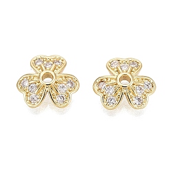 Настоящее золото 18K Колпачки для бусин из прозрачного кубического циркония из латуни, клевер, реальный 18 k позолоченный, 9x10x3 мм, отверстие : 1.4~1.5 мм