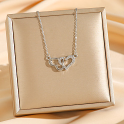 Нержавеющая Сталь Цвет Латунные микропаве прозрачные кубические цирконии двойные подвески в форме сердца ожерелья, 304 из нержавеющей стали кабель цепи ожерелья, цвет нержавеющей стали, 16.93 дюйм (43 см)