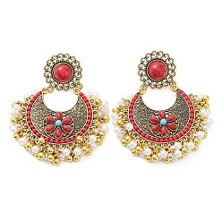 Red Resin Boho Stud Earrings, with Zinc Alloy Finding and Sterling Silver Pin, Red, 67x48mm