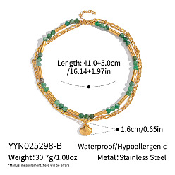 Зеленый Авантюрин Винтаж 304 подвеска в форме ракушки из нержавеющей стали, двухслойное ожерелье из натурального зеленого авантюрина, золотые, 16.14 дюйм (41 см)