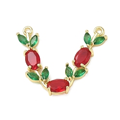 Red Brass Micro Pave Cubic Zirconia Connector Charms, with Glass, Flower Links, Golden, Red, 20x26x3mm, Hole: 1.2mm