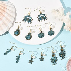 Antique Bronze & Green Patina Ocean Alloy & Shell Pearl & 304 Stainless Steel Dangle Earrings, Mixed Shapes, Antique Bronze & Green Patina, 32.5~48.5x8.5~23.5mm
