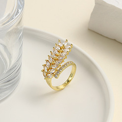 Золотой Регулируемые манжеты-кольца из латуни с микропаве из кубического циркония для женщин, колосья пшеницы, золотые, внутренний диаметр: 18 мм