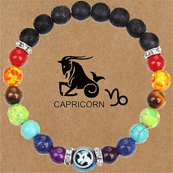 Козерог 12 созвездия 7 чакра натуральная лава, агат, аметист, тигровый глаз, бирюза и стеклянные круглые бусины, растягивающиеся браслеты, Козерог, 7-1/4 дюйм (18.5 см)