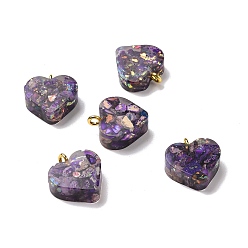 Индиго Подвески из прозрачной смолы из натуральной имперской яшмы, окрашенные чипсами, с золотыми тонами латунных петель, шарма сердца, индиговые, 16.5x15.5x6~6.5 мм, отверстие : 2 мм