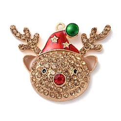 Олень Рождественские подвески из цинкового сплава со стразами, с эмалью, золотой свет, олени прелести, 29x35x7.5 мм, отверстие : 1.8 мм