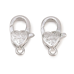 Real Platinum Plated Brass Lobster Claw Clasps, Heart, Real Platinum Plated, 13x7.5x4.5mm, Hole: 1.2mm