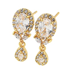 Real 18K Gold Plated Glass Teardrop Dangle Stud Earrings, Brass Earrings, Real 18K Gold Plated, 20x7.5mm