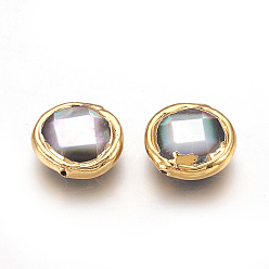 Golden Black Lip Shell Beads, Edge Plated, Faceted, Flat Round, Golden, 14~14.5x4.5~5mm, Hole: 0.8mm