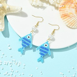 Blue 304 Stainless Steel with Glass Cylinder Seed Beads Dangle Earrings, Fish, Real 18K Gold Plated, Blue, 67x24.5mm