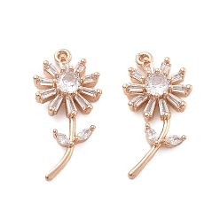 Настоящее золото 18K Латунные подвески, прелести подсолнуха, со стеклом, реальный 18 k позолоченный, 23.5x11x4 мм, отверстие : 1.2 мм