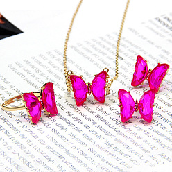 Фуксин Ожерелья, серьги-гвоздики и кольца из сплава бабочки для женщин, с кубического циркония, фуксиново-красные, 450 мм