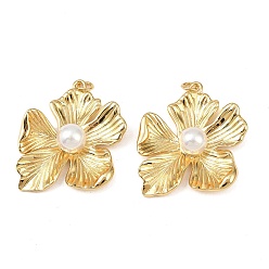 Настоящее золото 18K Латунные подвески, цветок, с жемчужинами из АБС-пластика и соединительными кольцами, без свинца и без кадмия, долговечный, стойки покрытие, реальный 18 k позолоченный, 39x36x9.5 мм, отверстие : 3.5 мм