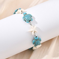 Бирюза Регулируемые браслеты из окрашенной синтетической бирюзы и немагнитных синтетических гематитовых бусин, плетеные из бусин, для женщин и мужчин., морская черепаха и морская звезда, бирюзовые, внутренний диаметр: 1.97~2.95 дюйм (5~7.5 см)