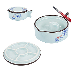 Светло-Синий Тарелка для чернил с цветочным рисунком и крышкой, держатель кисточки из фарфора, для любителей каллиграфии, голубой, 139x103x51 мм