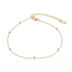 Golden Brass Curb Chain Anklets, with Round Beads and 304 Stainless Steel Lobster Claw Clasps, Golden, 9 inch(22.7cm)