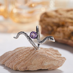 Аметист 925 Кольца из стерлингового серебра с натуральным аметистом, античное серебро, змея, внутренний диаметр: 20 мм