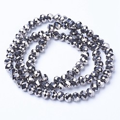 Silver Plated Electroplate Transparent Glass Beads Strands, Full Plated, Faceted, Rondelle, Silver Plated, 4x3mm, Hole: 0.4mm, about 123~127pcs/strand, 16.5~16.9 inch(42~43cm)