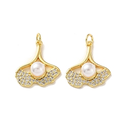 Real 18K Gold Plated Brass Micro Pave Clear Cubic Zirconia Charms, with ABS Plastic Imitation Pearl Beads, Cadmium Free & Lead Free, Long-Lasting Plated, Rack Plating, Leaf Charms, Real 18K Gold Plated, 21x18.5x7mm, Hole: 3mm