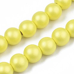 Yellow Painted Natural Wood Beads Strands, Round, Yellow, 15~16x14~15mm, Hole: 3.5~4.5mm, about 25pcs/strand, 14.25 inch~14.33 inch(36.2cm~36.4cm)