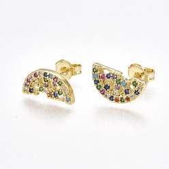 Golden Brass Micro Pave Cubic Zirconia(Random Mixed Color) Ear Studs, with Ear Nuts, Half Round, Golden, 6.5x12mm, Pin: 0.7mm
