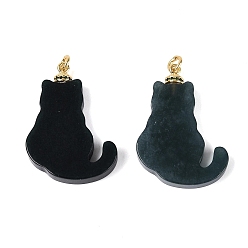 Myanmar Jade Natural Myanmar Jade Pendants, Cat Shape Charms with Brass Micro Pave Green Cubic Zirconia Bails, Golden, 34~35x24.5~25x5mm, Hole: 3mm