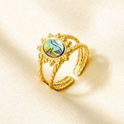 Настоящее золото 18K 304 Открытые кольца-манжеты из нержавеющей стали с натуральными ракушками для женщин, солнце, реальный 18 k позолоченный, 14 мм, внутренний диаметр: 17 мм