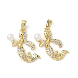 Настоящее золото 18K Латунные микро проложить кубического циркония подвески, русалка, с abs имитационными жемчужными бусинами , реальный 18 k позолоченный, 19x10.5x5 мм, отверстие : 2.5x5 мм