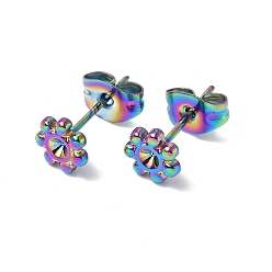 Rainbow Color Ion Plating(IP) 304 Stainless Steel Stud Earring Findings, with Rhinestone Setting and Ear Nuts, Flower, Rainbow Color, Fit For 2mm Rhinetstone, 6mm, Pin: 0.7mm