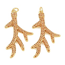 Orange Brass Micro Pave Cubic Zirconia Pendants, Coral Shape Charms, Cadmium Free & Lead Free, Rack Plating, Long-Lasting Plated, Real 18K Gold Plated, Orange, 37x21x2.5mm, Hole: 3mm