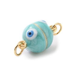 Medium Turquoise Brass Magnetic Clasps, with Enamel, Round with Evil Eye, Real 18K Gold Plated, Medium Turquoise, 16x10mm, Hole: 3mm