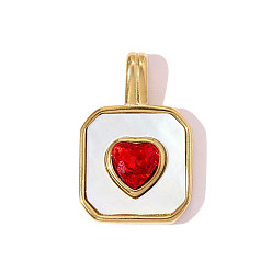 Белый 304 из нержавеющей стали подвески оболочки, квадрат с подвеской в виде сердца, с кубического циркония, ионное покрытие (ip), реальный 18 k позолоченный, белые, 23x15 мм