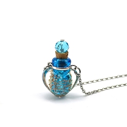 Темно-Голубой Светящееся сердце, ожерелья в виде флакона духов лэмпворк, с цепями из нержавеющей стали, глубокое синее небо, 23.62 дюйм (60 см), Кулон : 21x23 мм, емкость: 0.5 мл (0.02 жидких унций)