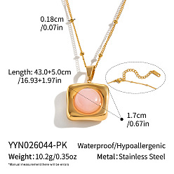 Cuadrado Cuarzo rosa natural teñido 304 Collares con colgante geométrico de acero inoxidable para mujer, real 18 k chapado en oro, plaza, 16.93 pulgada (43 cm)
