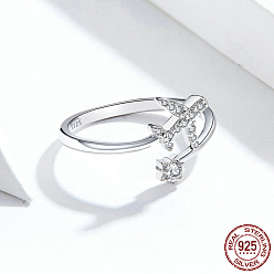 Платина Кольца-манжеты в виде самолета и цветка с родиевым покрытием из стерлингового серебра с микропаве из прозрачных кубических цирконий для женщин, платина, внутренний диаметр: регулируемый