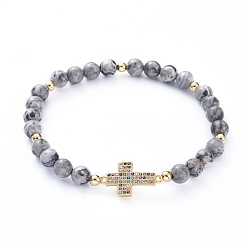 Map Stone Round Natural Map Stone Stretch Beaded Bracelets, with Brass Micro Pave Cubic Zirconia Links, Brass Beads and Cardboard Boxes, Cross, 2-1/8 inch(5.5cm)