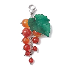 Ágata Roja Decoraciones colgantes de cornalina natural de uva, Dijes de cierres de pinza de langosta y hojas de acrílico, para adornos de llaves de bolso, 48~55 mm