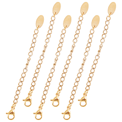 Golden 304 Stainless Steel Chain Extender, with Lobster Claw Clasps and Charms, Oval, Golden, 73mm