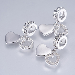 Платина Латунь кубический цирконий европейские подвески с подвесками, сердце, платина, 20 мм, отверстие : 4 мм, Кулон : 8x8~9x1 мм