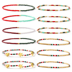 Разноцветный 12 шт. Набор эластичных браслетов из стеклянного бисера для рождественских украшений, латунные подвески в виде звезды для женщин, красочный, регулируемый
