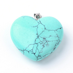Synthetic Turquoise Synthetic Turquoise Pendants, with Brass Findings, Heart, Dyed, 24~26x24~26x10~11mm, Hole: 2x6mm