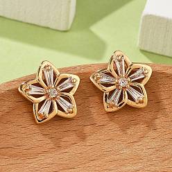 Прозрачный Цветочные латунные серьги-гвоздики с кубическим цирконием для женщин, без кадмия и без свинца, долговечный, стойки покрытие, золотые, прозрачные, 13.5x13.5 мм