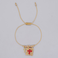 Pink Браслеты в богемном стиле из стеклянных бусин и подвесок из нержавеющей стали, плетеные браслеты из латунных бусин для женщин, прямоугольник с крестом, розовые, 304 дюйм (7.87 см)