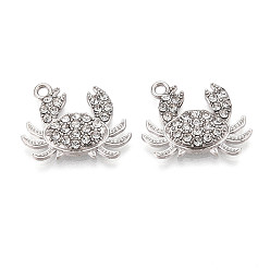 Платина Подвески из сплава и страза, краб, без свинца и без кадмия, платина, 17.5x22x3 мм, отверстие : 1.8 мм