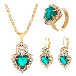 Зеленый Комплект украшений со стразами в форме сердца, серьги с защелкой из золотого сплава, колье с подвеской и регулируемое кольцо, зелёные, внутренний диаметр: 18 мм, 530 мм, 32x15 мм