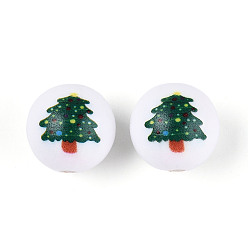 Рождественская елка Непрозрачные акриловые круглые бусины с рождественским принтом, рождественская елка, 15.5~16 мм, отверстие : 3 мм