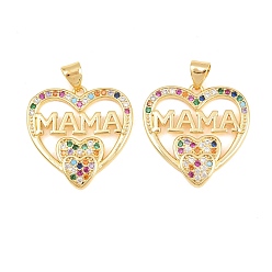Real 18K Gold Plated Brass Micro Pave Cubic Zirconia Pendants, Cadmium Free & Lead Free, Rack Plating, Long-Lasting Plated, Leaf with Word MAMA Charms, Mother's Day, Real 18K Gold Plated, 23x23x3mm, Hole: 3x5mm