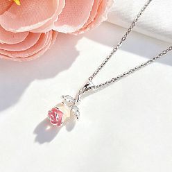 Pink Brass Pave Clear Cubic Zirconia Enamel Rose Flower Pendant 304 Stainless Steel Cable Chain Necklaces for Women, Platinum, Pink, 15.75 inch(40cm)