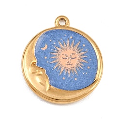 Aciano Azul 304 colgantes de acero inoxidable, redondo plano con dijes de sol y luna, revestimiento de iones (ip), real 18 k chapado en oro, azul aciano, 23.5x20.5x3 mm, agujero: 1.5 mm