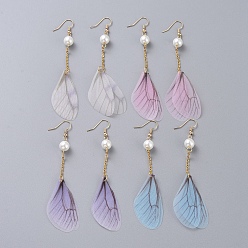 Mixed Color Glass Pearl Dangle Earrings, with Organza Fabric, 304 Stainless Steel Cable Chains and Brass Earring Hooks, Dragonfly Wing, Mixed Color, 97mm, Pin: 0.6mm